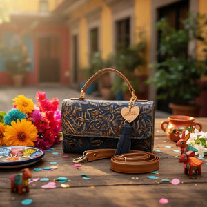 Gold Navy Blue Sunflower Embossed Tooled Artisan LEATHER Crossbody Bag Purse